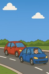 Blue car driving on road with cartoon man and red car under blue sky