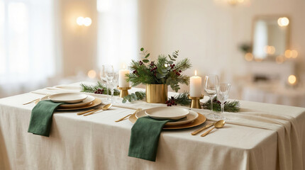 Elegant holiday dinner table setting with festive decor and candles