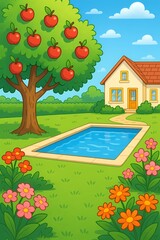 Dream house in the country with pool and apple tree on a sunny day