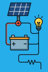 Solar panel powering a light bulb with energy storage, clean energy future