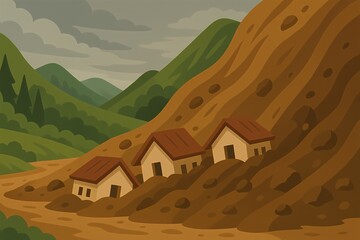 Landslide burying homes illustration showing environmental disasters