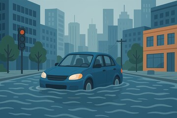 Driving through flooded city streets after a severe storm or heavy rainfall