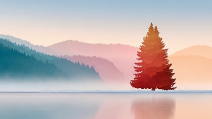 Minimalist landscape with a single pine tree silhouette in warm colors against layers of foggy, pastel mountains reflected in still water. Ideal for nature, mindfulness, travel, or inspirational blogs