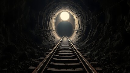 mine. The bottom of an abandoned mine shaft with rusty tracks leading into darkness. safety posters, maintenance manuals, designed for industrial assembly lines and welding operations.