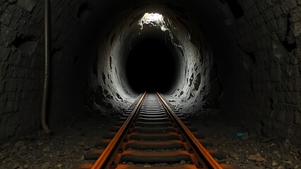 mine. The bottom of an abandoned mine shaft with rusty tracks leading into darkness. safety posters, maintenance manuals, designed for industrial assembly lines and welding operations.