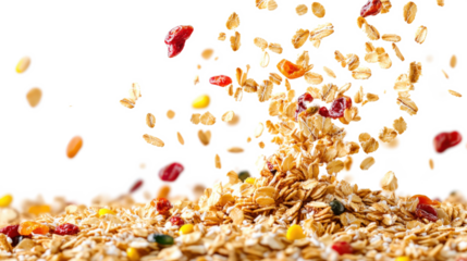 A bowl of cereal with a lot of different colored pieces of fruit and nuts