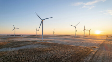 Sunrise over a field with multiple wind turbines generating clean energy