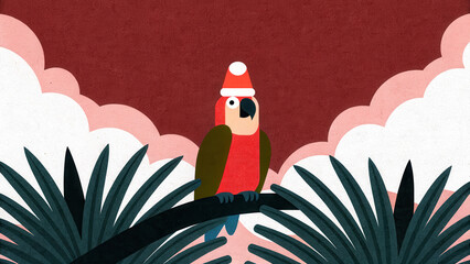Tropical Christmas parrot illustration. Festive parrot wearing a Santa hat perched among stylized tropical foliage.