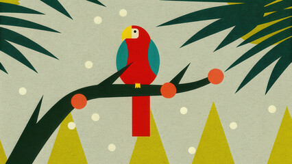 Tropical Christmas parrot illustration. Colorful stylized parrot perched on a branch amidst abstract foliage and geometric shapes.