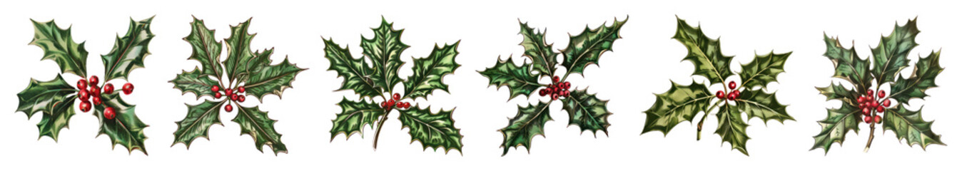 PNG Festive holly leaves seamless border, element set on transparent background