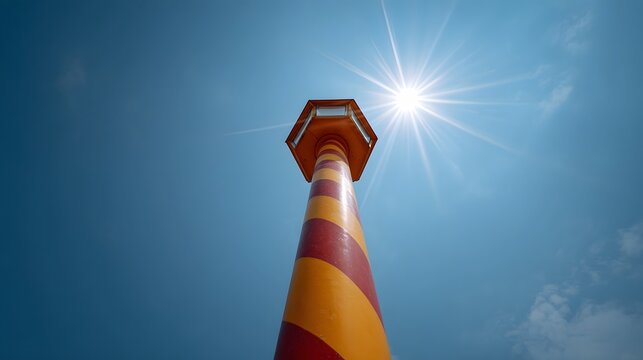 A striking striped tower ascends towards a radiant sun and a vast clear blue sky captured from a dramatic low perspective
