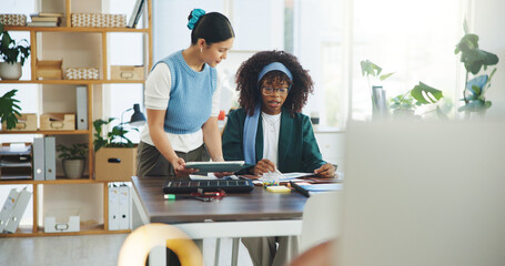 Business, people and meeting with tablet in office for solar panel, sustainable planning and report. Women, digital or documents for renewable energy, photovoltaic information and co friendly project