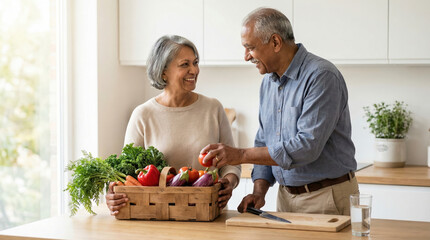 Happy senior couple preparing fresh vegetables in modern kitchen
