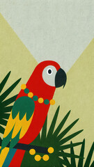 Tropical Christmas parrot illustration. Colorful parrot illustration with tropical foliage and geometric design elements.