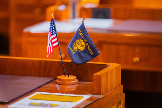 Close-Up of Oregon and USA Flags at the Legislative Building