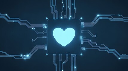 Cyan heart shape on a central computer processor chip with glowing circuit board connections