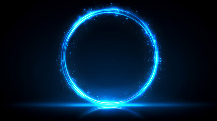 Obraz premium Bright glowing neon circle ring magic spark futuristic laser LED disco illuminated blue technology vector sign banner round frame border brilliant light effect. 