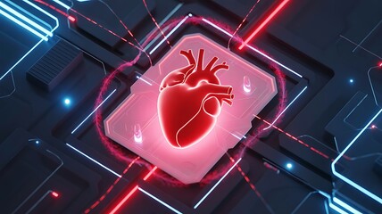 Digital heart on a futuristic circuit board with glowing neon lights technology