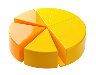 Yellow pie chart, six slices, some detached