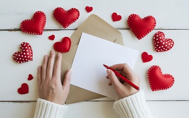 Hands Writing a Love Letter Surrounded by Red Hearts and an Envelope on White Wood valentine