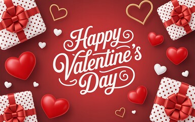 Happy Valentine's Day Greeting with Gifts and Hearts on a Red Gradient Background love romance