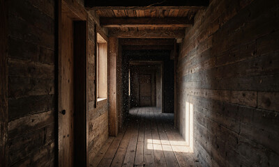 Obraz premium Rustic Attic Corridor - Narrow wooden attic hallway, dust motes in sunlight, cracked beams above, captured from low diagonal, palette