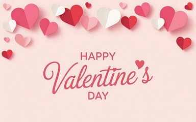 Happy Valentine's Day Greeting with Scattered Paper Hearts and Pink Background love romantic