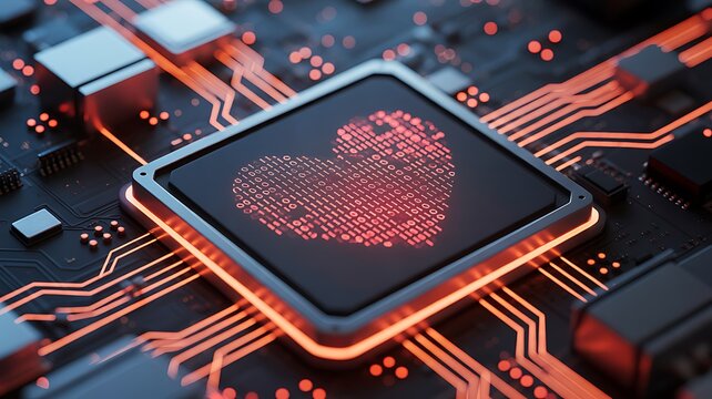 CPU chip with binary code heart and glowing orange circuit board technology - Powered by Adobe