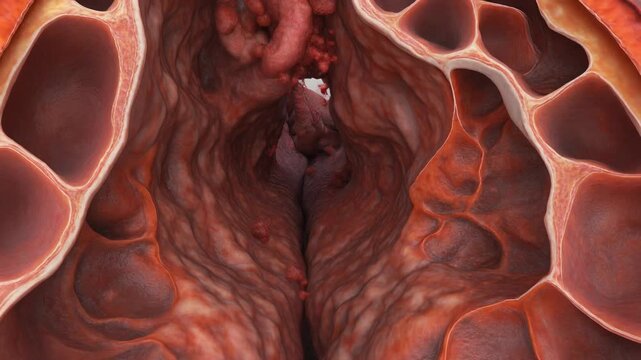 Close up extreme zoom medical animation of human sigmoid colon interior showing sigmoiditis inflammation with red inflamed tissue and polyps forming within the large intestine wall a complex cellular 