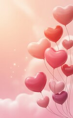 Heart-shaped balloons floating in a soft pink sky with subtle sparkles hearts love