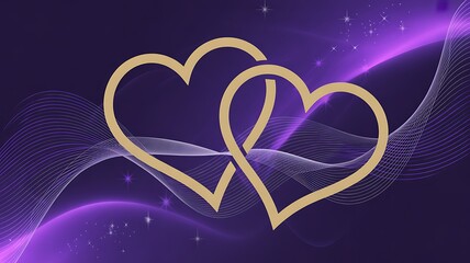 Intertwined Golden Hearts with Purple Swirling Waves and Sparkles love romance