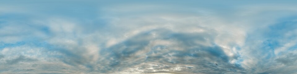Sunset sky with bright glowing pink Cumulus clouds. Seamless spherical HDR 360 panorama. Full zenith or sky dome in 3D, sky replacement for aerial drone panoramas. Climate and weather change.