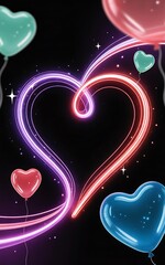 Neon Heart Shape with Balloons and Stars on Black Background love romance