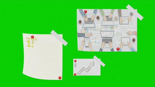 Moving office paper with graph chart and growing graph chart on green board or green screen