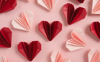 Overhead View of Folded Red and Pink Paper Hearts Scattered on Pink Surface valentine love