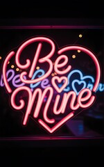 Neon sign in the shape of a heart with the words Be Mine light