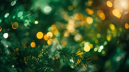 Radiant golden bokeh macro highlight floating on vivid green background enhancing minimalism christmas backdrop template background wallpaper card design