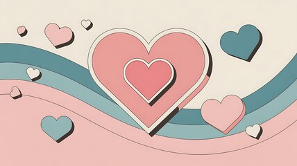 Pastel heart shapes and wavy lines in pink, teal, and cream colors love