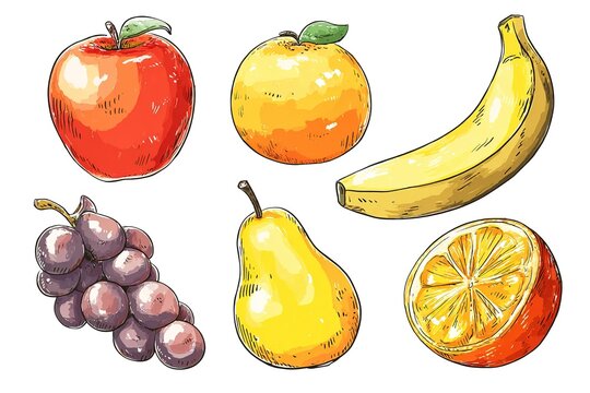 Fresh Fruit Assortment Hand Drawn Watercolor Sketch Style