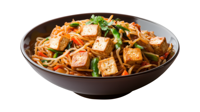 A bowl of noodles with tofu and vegetables - Powered by Adobe