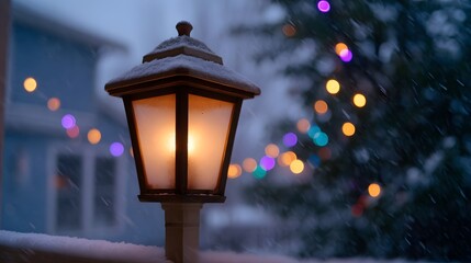 A warmly lit snow covered outdoor lamp glows softly in the twilight as colorful holiday lights twinkle in the falling snow