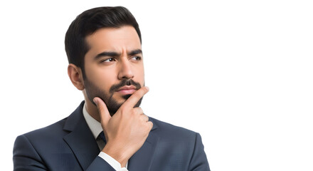Serious business professional man thinking or questioning concept and making decision isolated PNG with Transparent Background