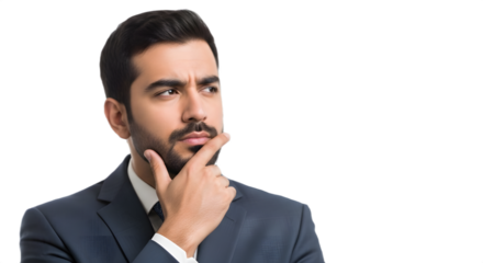Serious business professional man thinking or questioning concept and making decision isolated PNG with Transparent Background