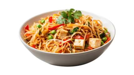 A bowl of noodles with vegetables and tofu