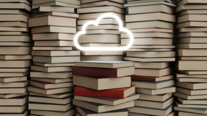 Digital Knowledge Bright Cloud Resting Atop Of Stacked Books