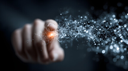 Change management communication. Futuristic Network Connection Concept Human Touch Activating Digital Nodes and Data Links