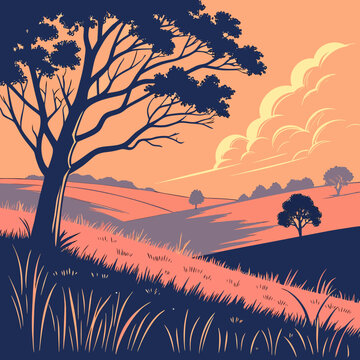 Stylized silhouette of a large tree overlooking rolling hills at sunset with dramatic clouds
