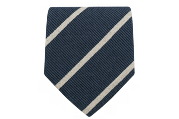 Folded navy blue and cream striped necktie against a transparent background preparing for formal wear and business fashion