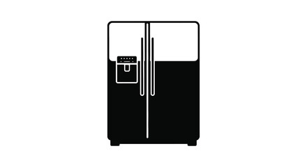 A minimalist black and white depiction of a modern refrigerator in a flat style silhouette