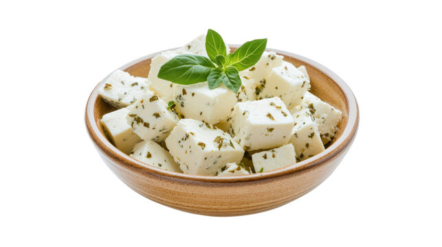 A bowl of white cheese with green leaves